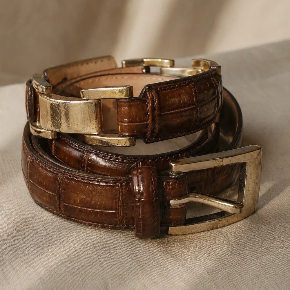 Fossil Vintage Croco‎ Embossed Leather Belt Womens Size S Brown Gold Y2K Cowhide
